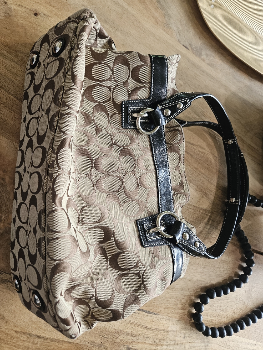 Coach Beige Signature Canvas Shoulder Bag with Black Leather Trim
